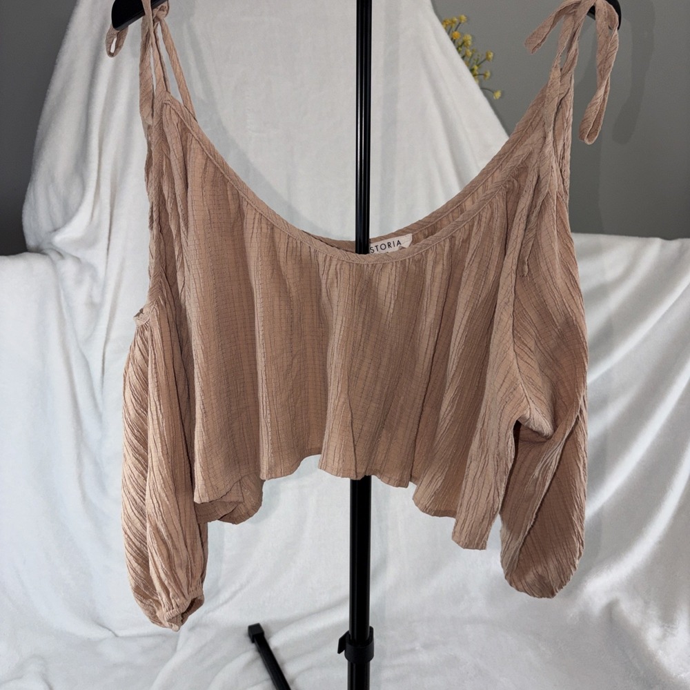 Boho Ripple Gauze Tie-Shoulder Crop Top Balloon Sleeve Dusty Hue‎ Med Festival